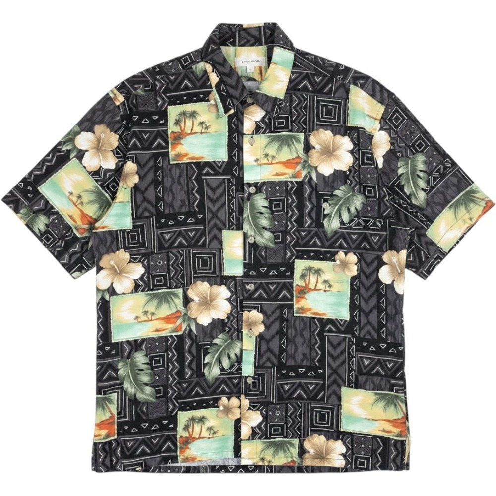 Pierre Cardin Hawaiian Shirt Men's Large Black Beach Tropical Floral Cotton